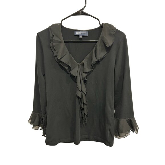 Jones New York Ruffled V-Neck Blouse Black Sz Medium 3/4 Sleeve Whimsigoth - Picture 1 of 10
